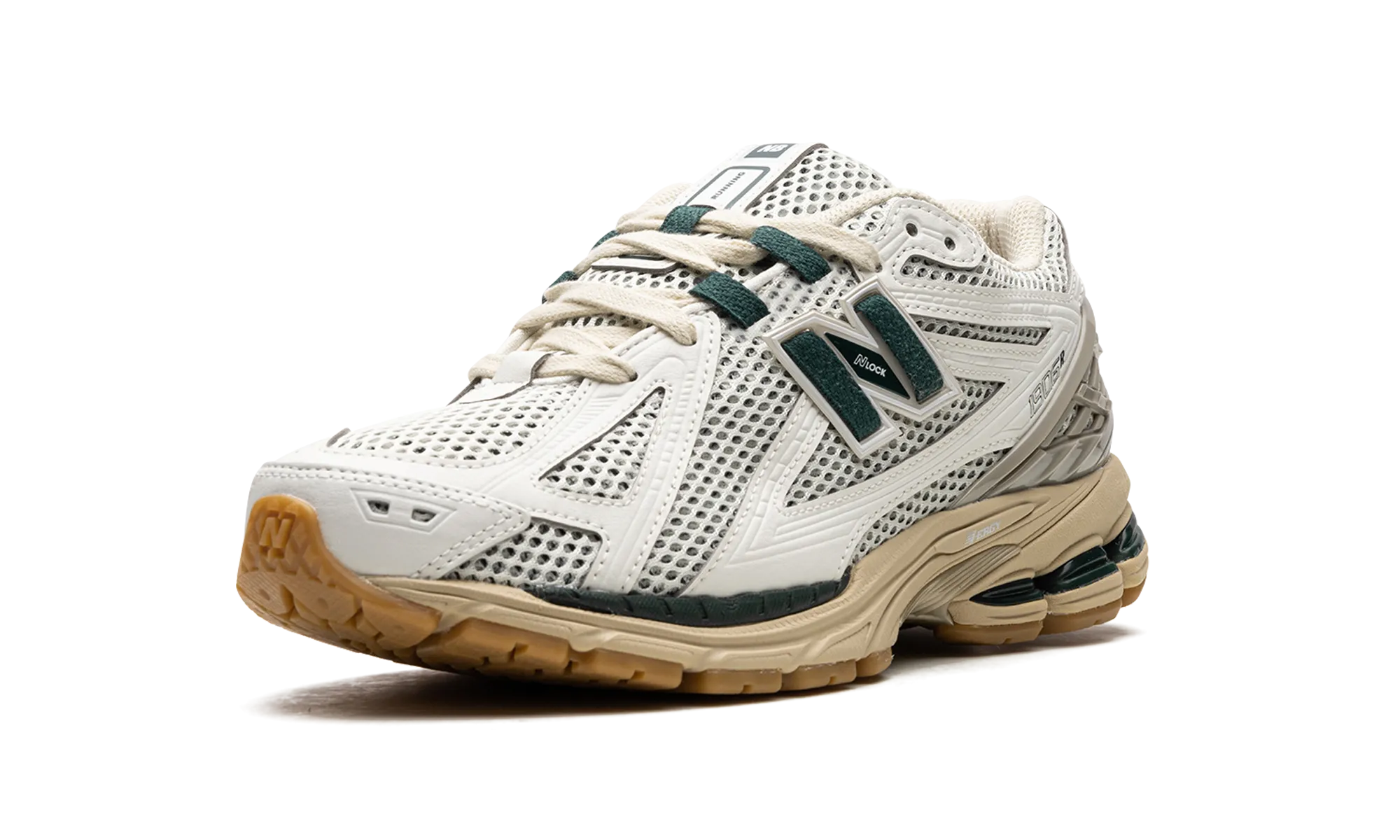 1906R "White Green Cream" running in a canal area shoes adjustable - straps shoes