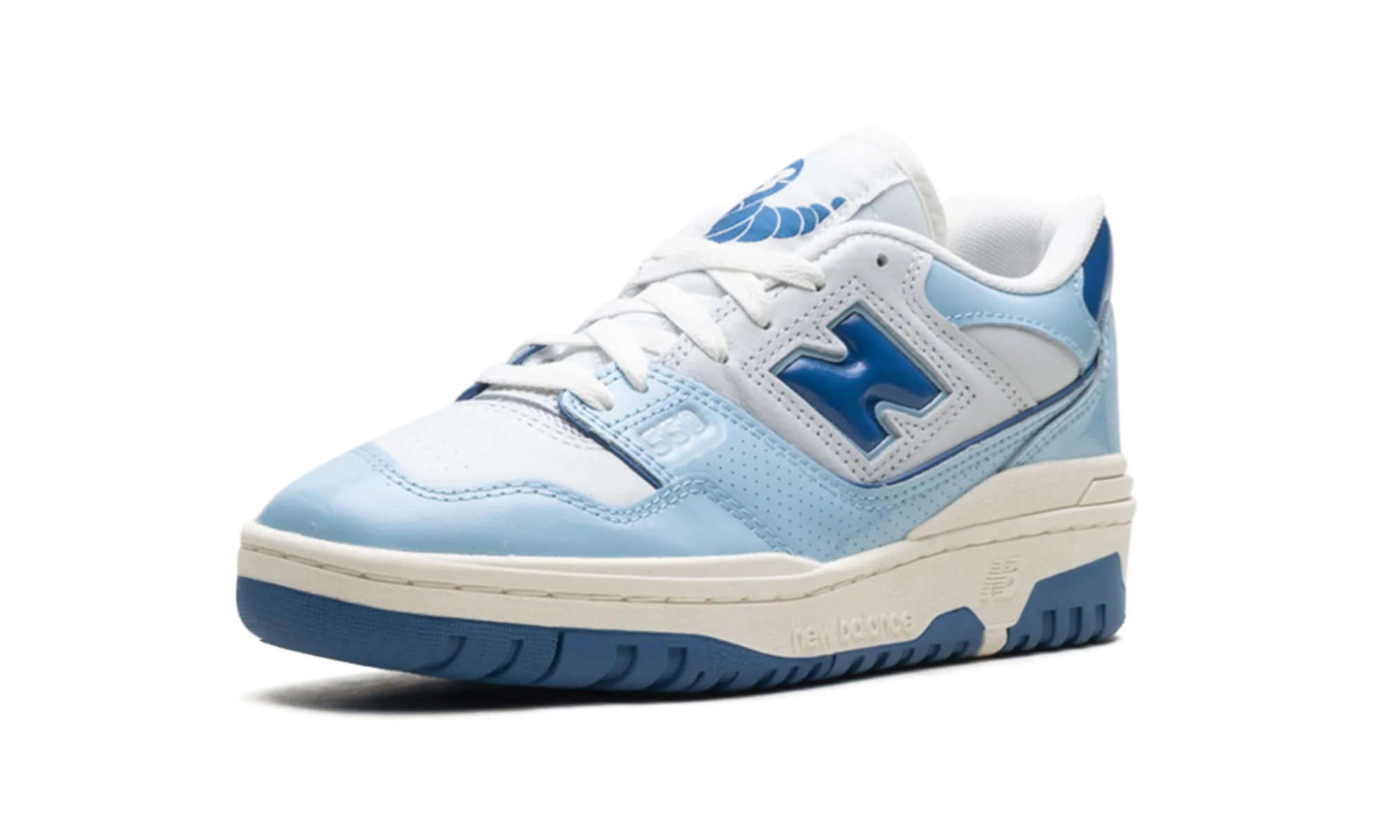 550 "Patent - White / Powder Blue" running in a yoga studio shoes