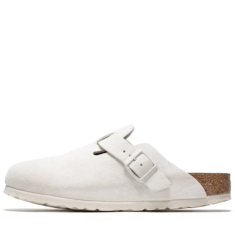Comfortable Travel Weekend Plans Women's Birkenstock Boston Soft Footbed Suede - Antique White