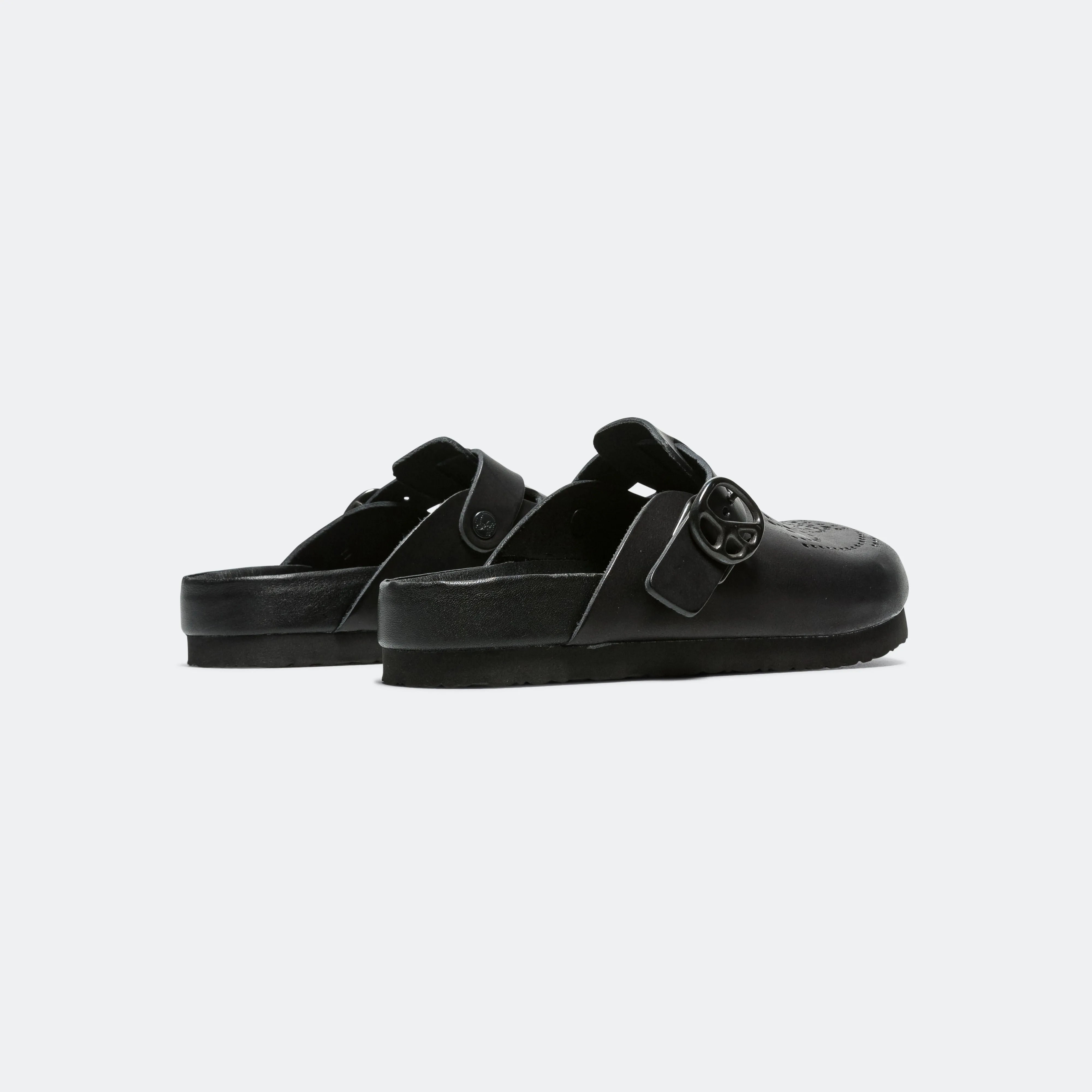 Clog Sandal - Black Cowhide Leather Flat Heel Ventilated