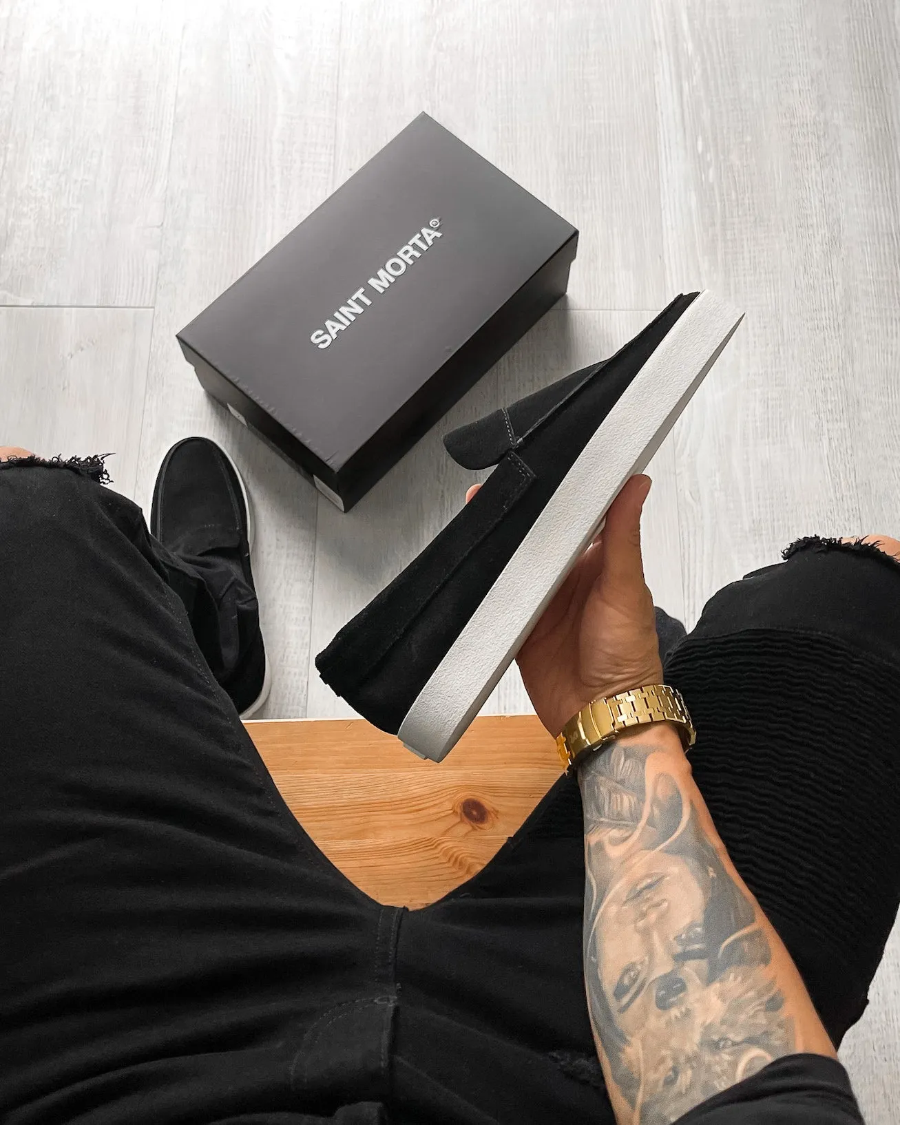 Toe Guard Saint Morta Hemisphere Suede Slip On Loafer Black/White
