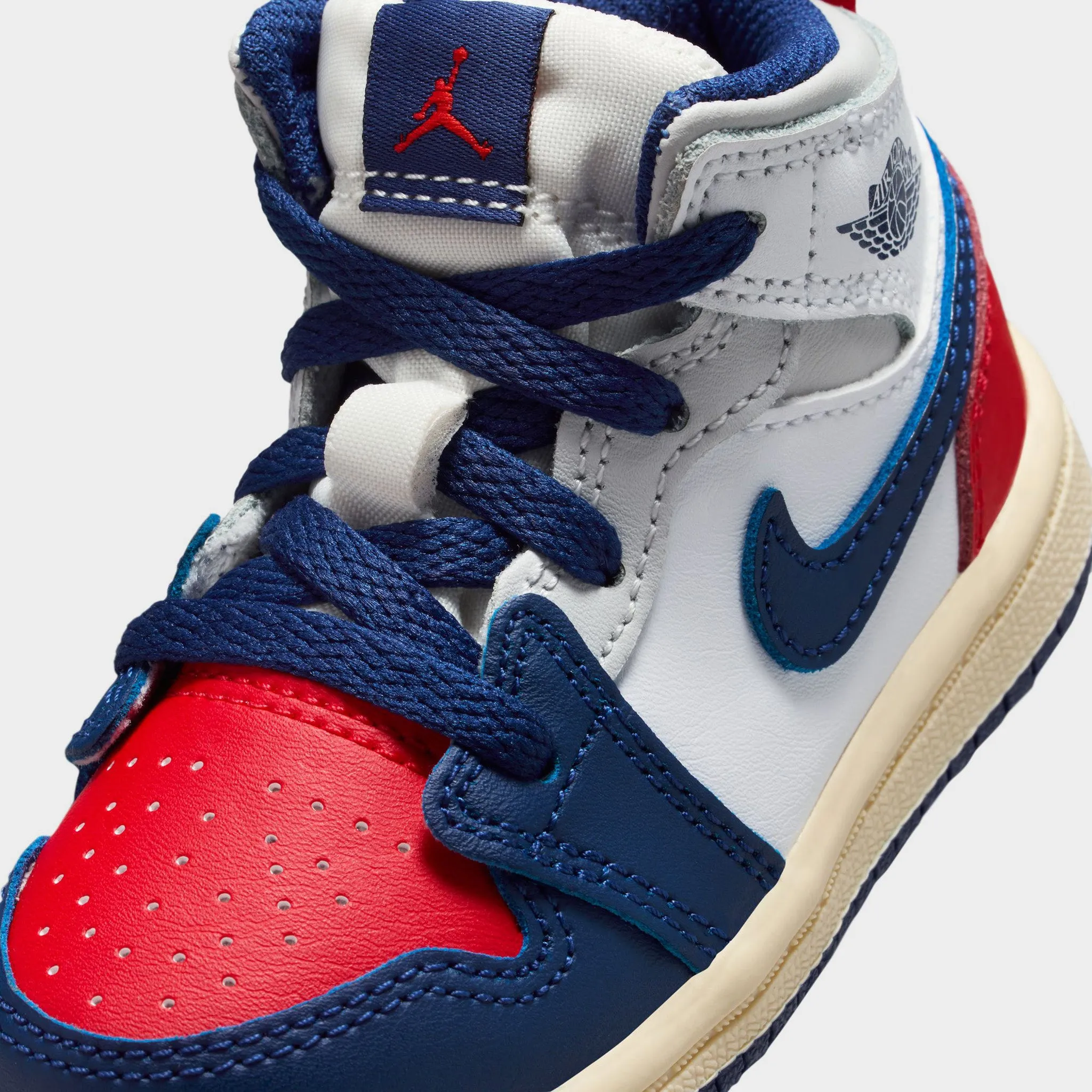 Jordan 1 Mid TD White / Deep Royal Blue - University Red Bronze Warm Minimal Detail