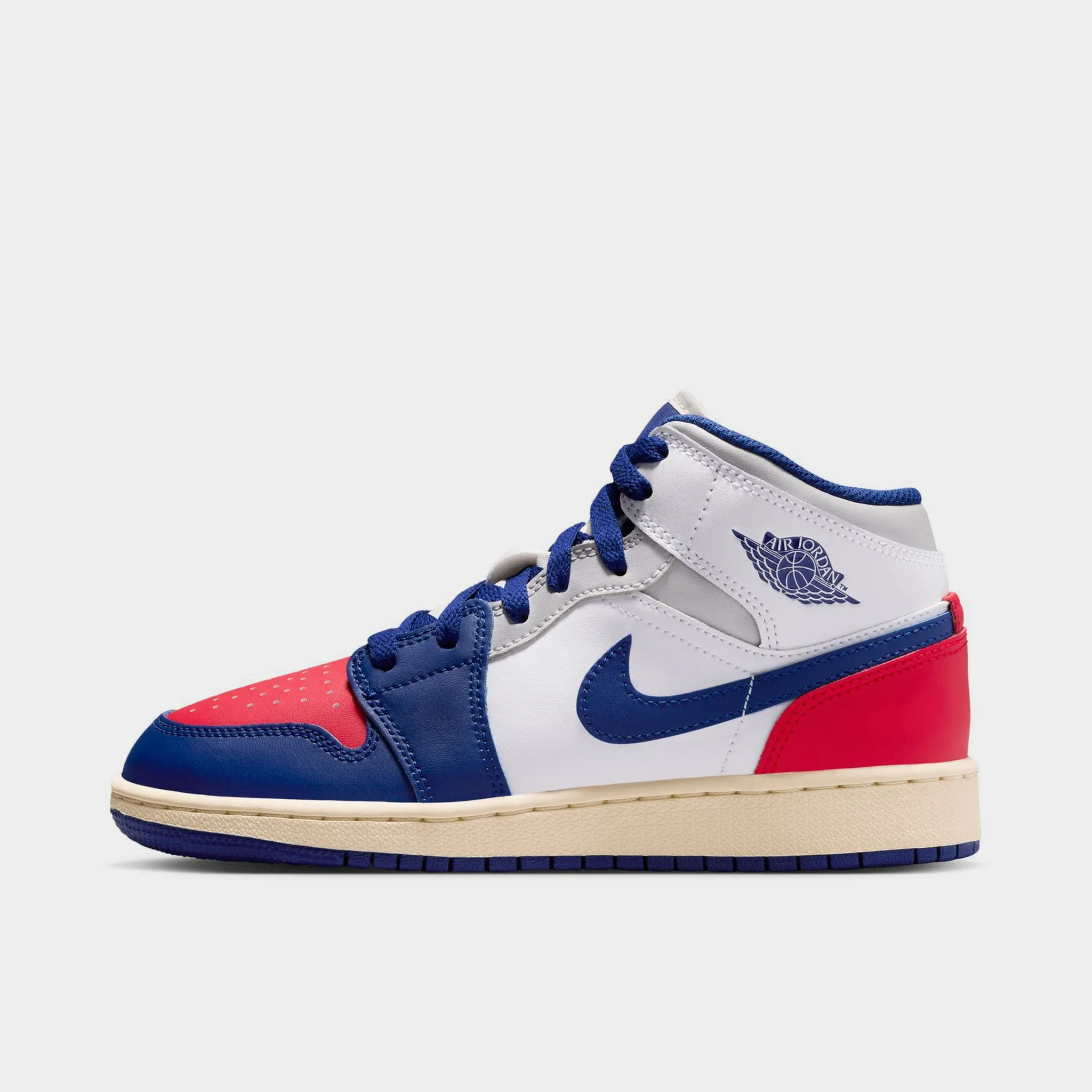 Heat Free Trendy Jordan 1 Mid GS White / Deep Royal Blue - University Red