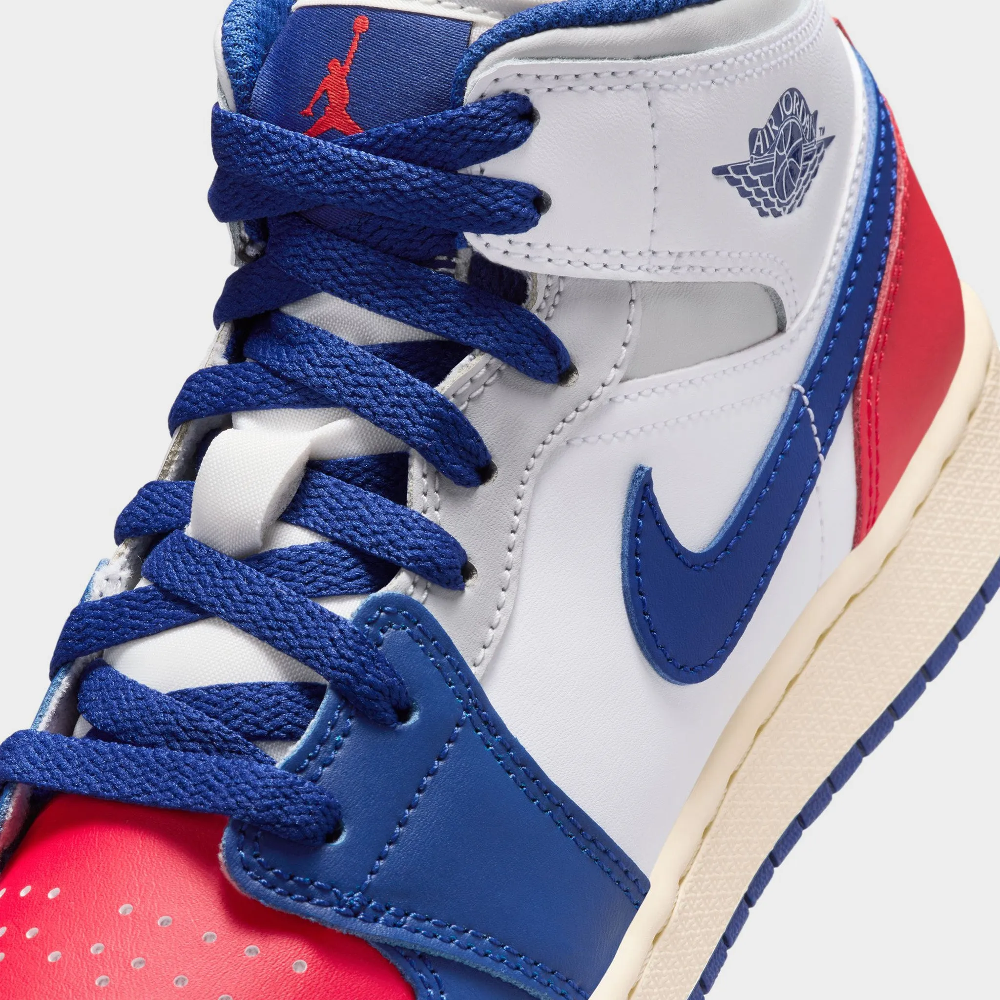 Jordan 1 Mid GS White / Deep Royal Blue - University Red Craftsmanship Desert Run
