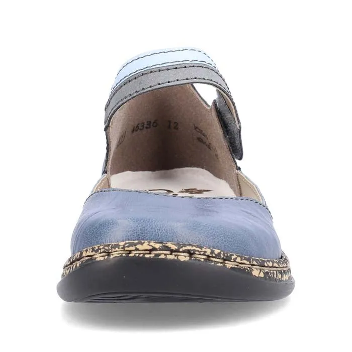 Stacked Heel Vacation Style Womens Rieker Daisy in Azur/Atlantic/Aqua