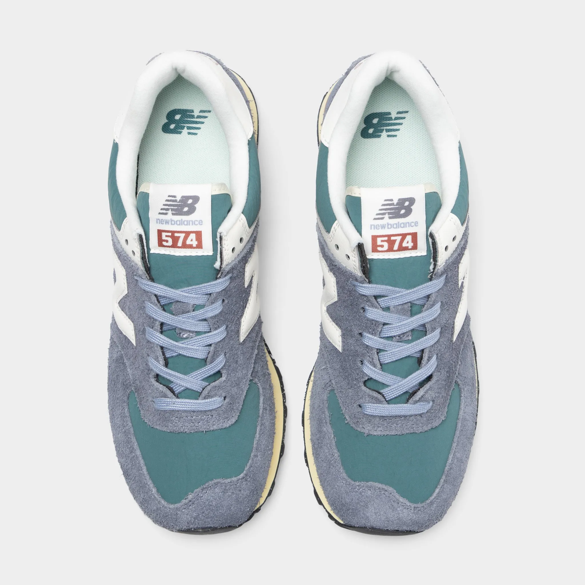 New Balance 574 Grey / Blue - Green Travel Outfit Wood Step