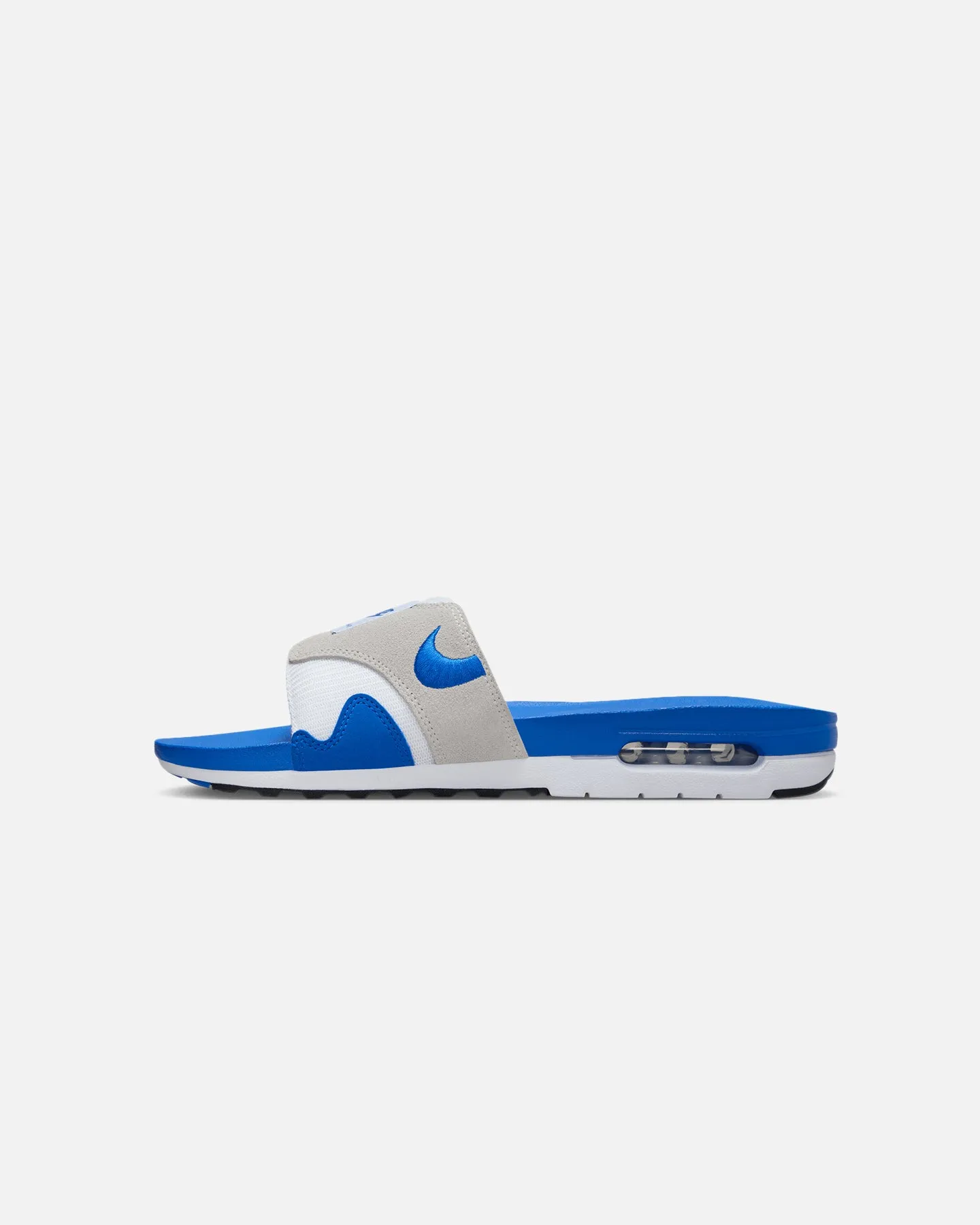Nike Air Max 1 Slides White/Royal Blue Beauty Walk heel cup