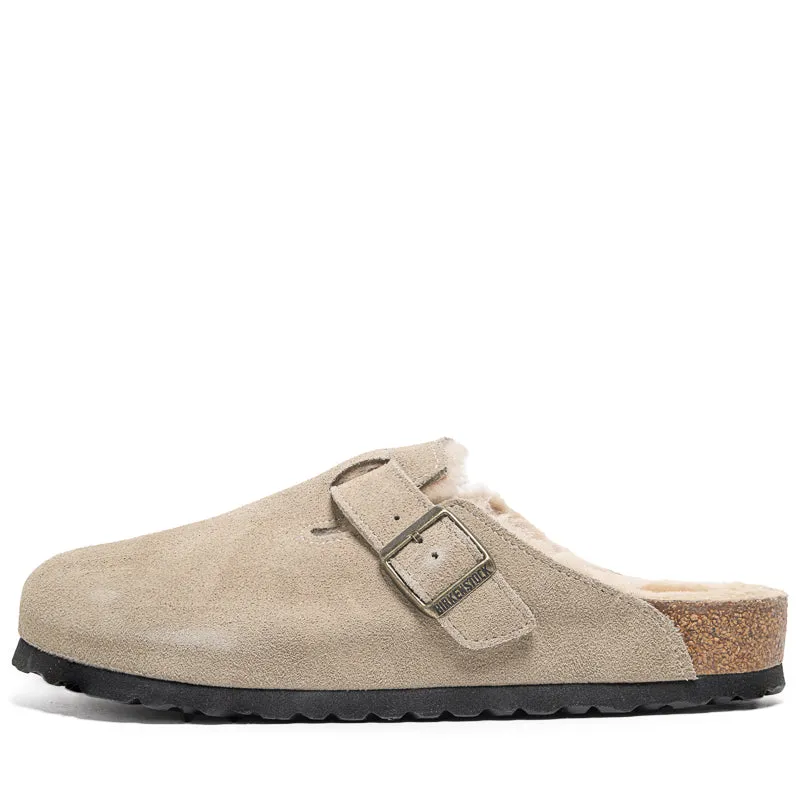 Suede Material Stylish Sandals Birkenstock Boston Shearling Suede Shearling - Taupe Sand