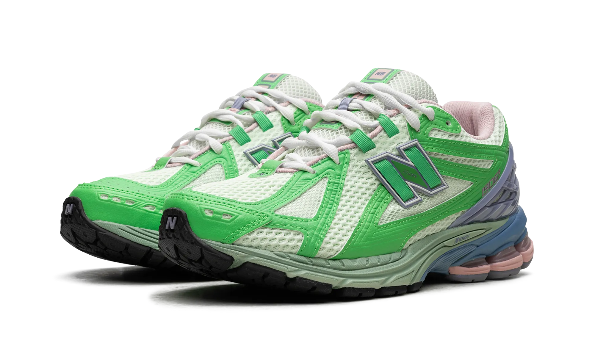 1906R "Green Astral Purple" running in a bamboo bridge area shoes