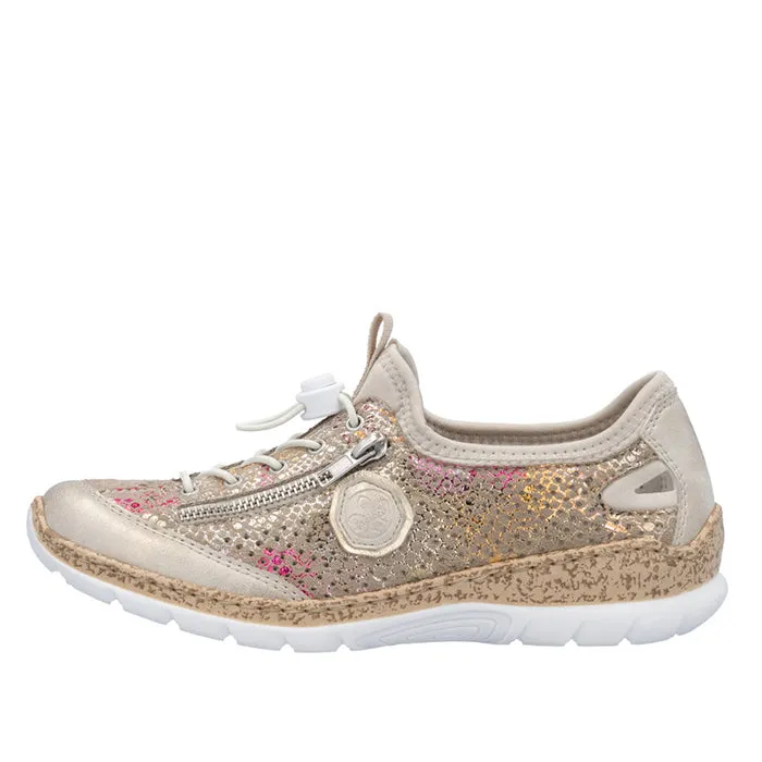 Street Outfit Lace   Up Style Womens Rieker Nikita V1 in Muschel/Multi/Lightgold/Perle